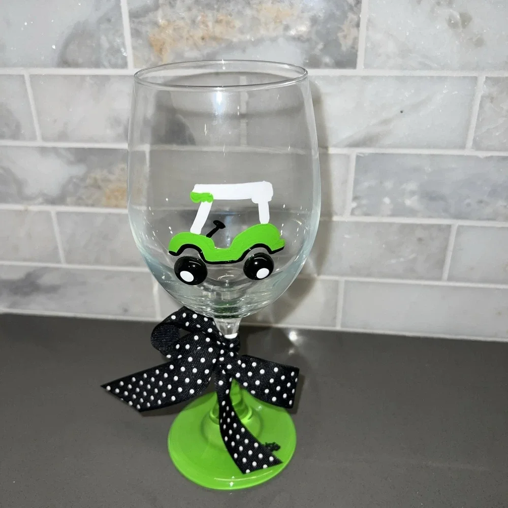 New Golf Cart Wine Glass Green Painted Art USA Gift Decor Gifts